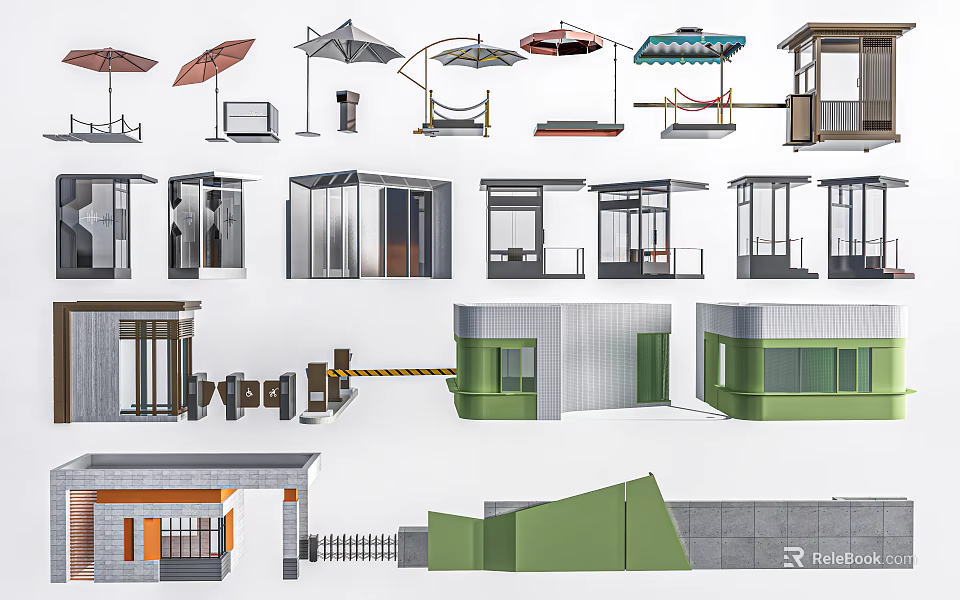 Diverse Architectural Facility Models Including Umbrellas Pavilions Doors Railings And Guard Booths 3d model 