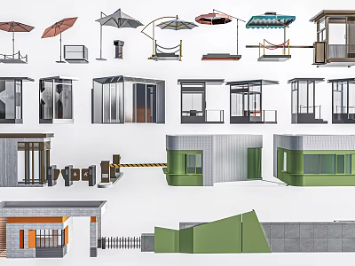 Diverse Architectural Facility Models Including Umbrellas Pavilions Doors Railings And Guard Booths 3d model