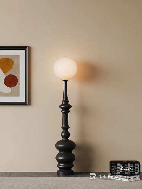 Black Floor Lamp With White Spherical Shade And Black Framed Colorful Circle Wall Art 3d model 