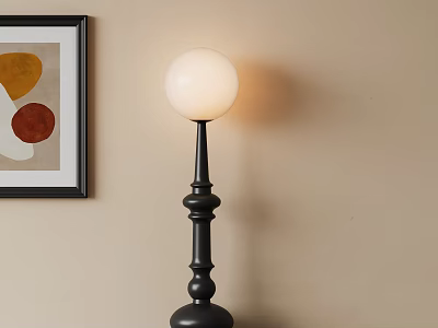 Black Floor Lamp With White Spherical Shade And Black Framed Colorful Circle Wall Art 3d model