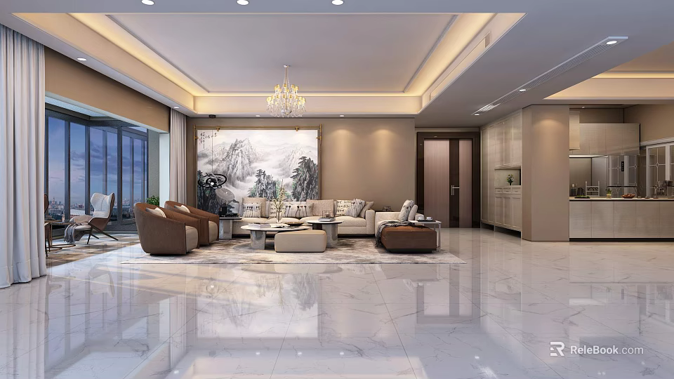 Modern Living Room Interior With Chandelier Large Landscape Painting Sofa Set And Marble Floor 3d model 