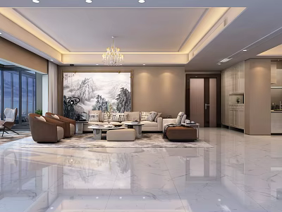 Modern Living Room Interior With Chandelier Large Landscape Painting Sofa Set And Marble Floor 3d model
