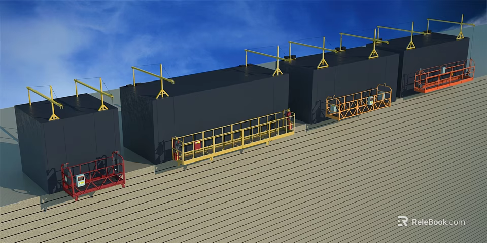 Large Black Industrial Equipment With Yellow Overhead Structures And Guardrail Platforms 3d model 