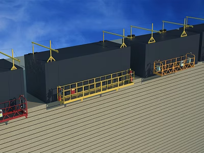 Large Black Industrial Equipment With Yellow Overhead Structures And Guardrail Platforms 3d model