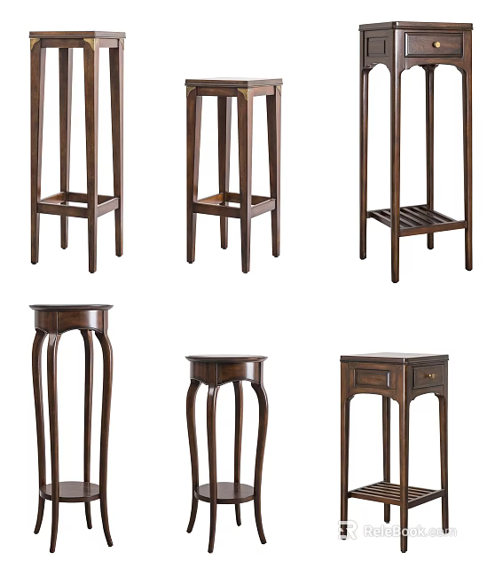 Stylish Wooden Plant Stands With Various Designs Slender Curved Legs And Shelf Structure 3d model 