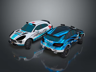 White And Blue Off Road Racing Cars With Sporty Design And Large Wheels 3d model