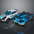 White And Blue Off Road Racing Cars With Sporty Design And Large Wheels