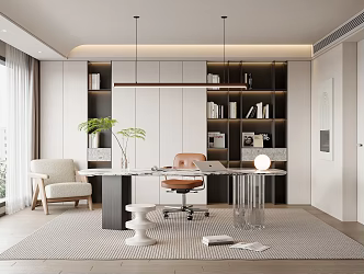 Modern Study Desk and Chair Combination Bookcase Green Plant Chandelier Stool Leisure Chair Hanging Painting 3d model