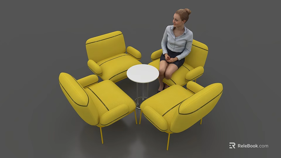 Stylish Modern Negotiation Table and Chairs with Yellow Armchairs and White Round Table 3d model 