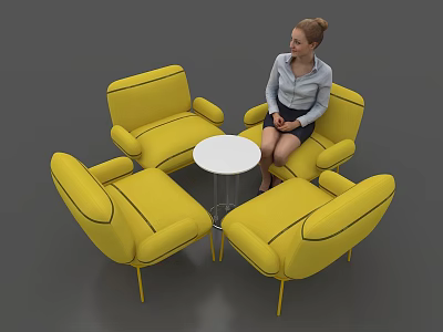 Stylish Modern Negotiation Table and Chairs with Yellow Armchairs and White Round Table 3d model