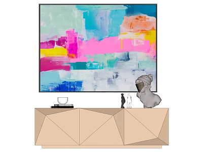 Colorful Abstract Painting On Wall With Geometric TV Stand And Decorations 3d model
