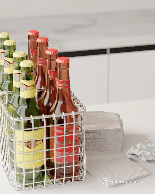 Assorted Bottles in Metal Wire Basket with Paper Towels on Counter 3d model 