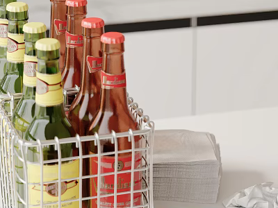 Assorted Bottles in Metal Wire Basket with Paper Towels on Counter 3d model