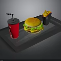 Delicious Fast Food With Hamburger French Fries And Drink On Black Tray With Striped Straw