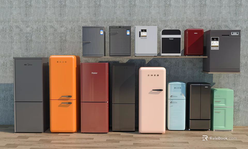 Assorted Refrigerators and Freezers in Different Colors and Styles for Modern Kitchen 3d model 