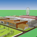 Modern Industrial Park With Various Buildings Different Colored Roofs Green Lawns And Distant Ferris Wheel