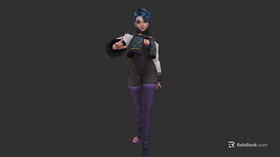 Woman With Blue Hair Wearing Black And White Top And Purple Pants Extending Hand 3d model 