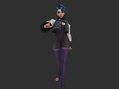 Woman With Blue Hair Wearing Black And White Top And Purple Pants Extending Hand 3d model