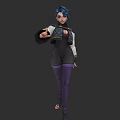 Woman With Blue Hair Wearing Black And White Top And Purple Pants Extending Hand