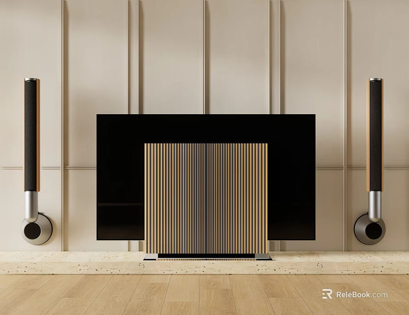 Modern Black Television with Striped Decorative Panel and Speakers on Wooden Floor 3d model 