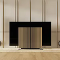 Modern Black Television with Striped Decorative Panel and Speakers on Wooden Floor