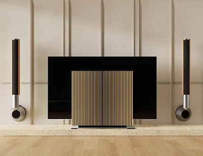Modern Black Television with Striped Decorative Panel and Speakers on Wooden Floor 3d model