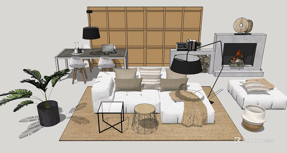 Cozy Modern Living Room Sofa And Coffee Table Combination With Rug Floor Lamp And Fireplace 3d model 