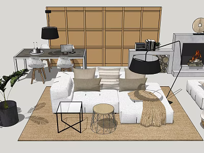 Cozy Modern Living Room Sofa And Coffee Table Combination With Rug Floor Lamp And Fireplace 3d model