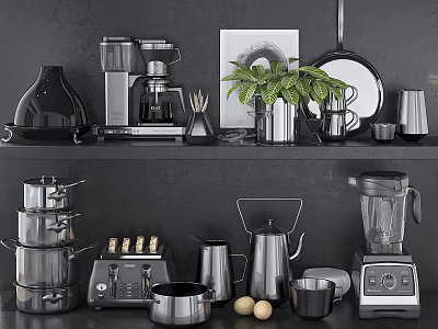 Modern Kitchen Shelf With Coffee Maker Toaster Blender Green Plant And Stainless Steel Appliances 3d model