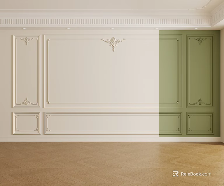 Elegant White And Green Wall With Ornate Molding And Herringbone Wooden Floor 3d model 