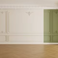 Elegant White And Green Wall With Ornate Molding And Herringbone Wooden Floor