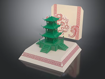Green Multi Tiered Pagoda Model With Red Traditional Patterned Card And Decorative Base 3d model