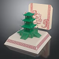 Green Multi Tiered Pagoda Model With Red Traditional Patterned Card And Decorative Base
