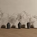 Decorative Ornament Collection with Assorted Vases Dried Branches and Flowers on Wooden Floor Light Wall