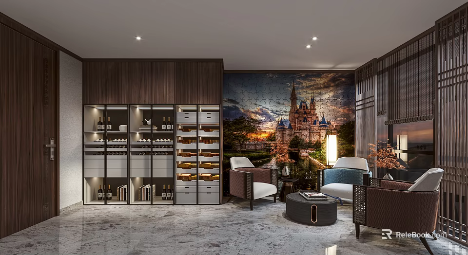 Modern Living Room Interior With Large Castle Mural Wooden Wall And Glass Door Display Cabinets 3d model 