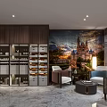 Modern Living Room Interior With Large Castle Mural Wooden Wall And Glass Door Display Cabinets