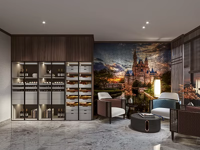 Modern Living Room Interior With Large Castle Mural Wooden Wall And Glass Door Display Cabinets 3d model