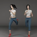 Active Woman Running in White T-Shirt and Blue Leggings with Red Shoes