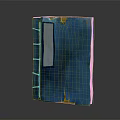 Blue 3D Decorative Sculpture With Ladder Like White Lines Yellow Trim And Textured Surface