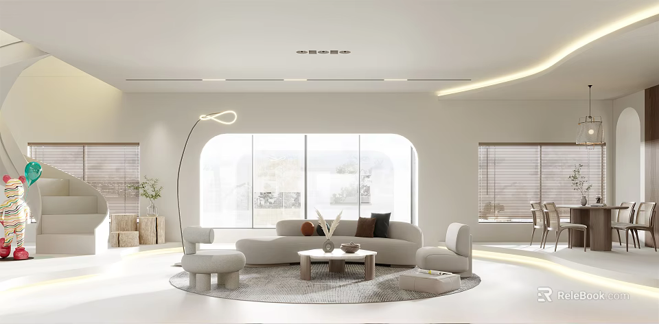 Modern Living And Dining Room Interior With Sofa Coffee Table And Large Windows 3d model