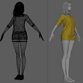 Game Movie Female Character Wearing Yellow Top Blue Shorts White Shoes Three Angles Orange Background