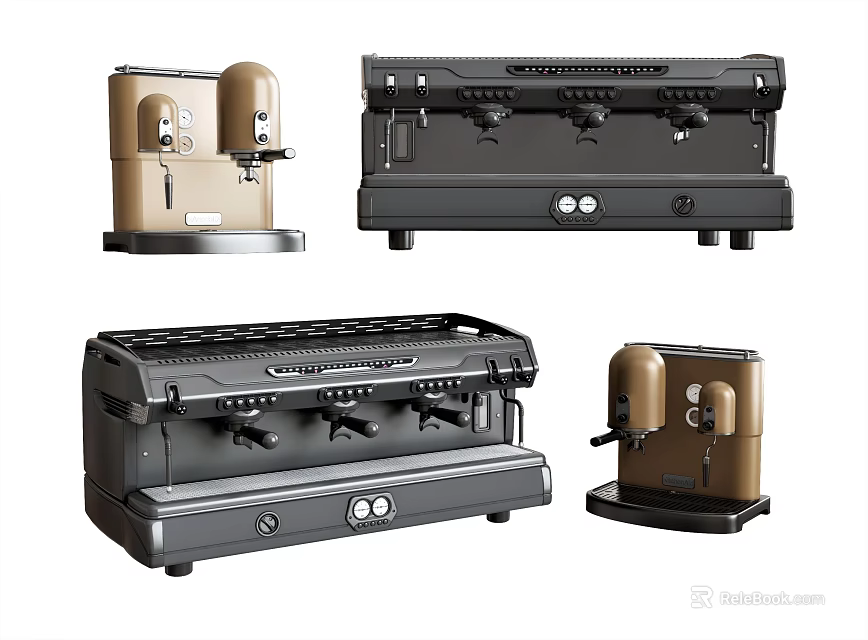 Modern Kitchen Appliances Featuring Various Coffee Machines In Black And Gold 3d model 