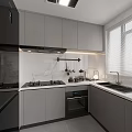 Modern Kitchen Interior Design With Gray Cabinets White Marble Countertops Range Hood And Lighting