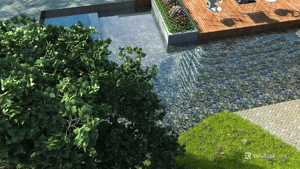 Lush Garden Courtyard with Water Feature Greenery and Wooden Deck Design 3d model 