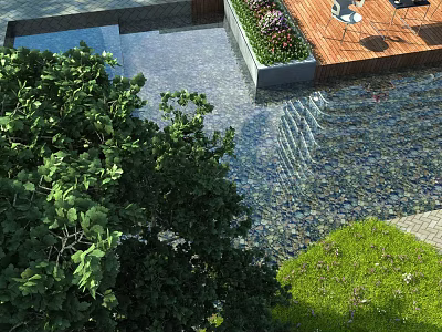 Lush Garden Courtyard with Water Feature Greenery and Wooden Deck Design 3d model
