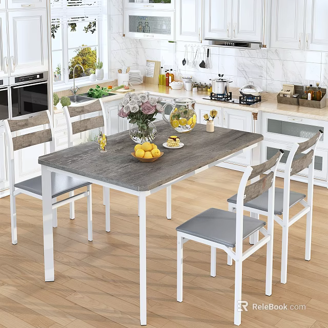 Modern Kitchen Interior With White Cabinets Wooden Floor Dining Table Fruits Flower Vase And Chairs 3d model 