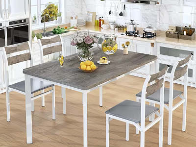 Modern Kitchen Interior With White Cabinets Wooden Floor Dining Table Fruits Flower Vase And Chairs 3d model