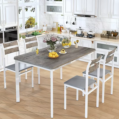 Modern Kitchen Interior With White Cabinets Wooden Floor Dining Table Fruits Flower Vase And Chairs 3d model