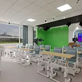 School Modern Classroom With Green Accent Wall White Desks Digital Screen And Large Windows