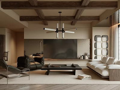 Warm Modern Living Room Interior With Wooden Beam Ceiling Chandelier Black Leather And White Sofa 3d model